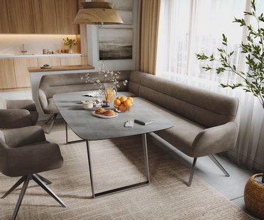 DELIFE Eetkamerbank Taya-Flex 285x190 cm microvelours taupe vintage hoekig kruisframe grafiet pocketvering rechts