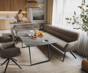 DELIFE Eetkamerbank Taya-Flex 285x190 cm microvelours taupe vintage hoekig kruisframe zwart pocketvering rechts