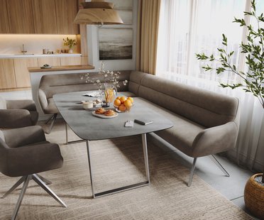 DELIFE Eetkamerbank Taya-Flex 285x190 cm microvelours taupe vintage hoekig kruisframe roestvrij staal pocketvering rechts