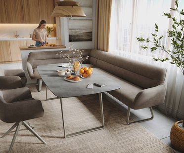 DELIFE Eetkamerbank Taya-Flex 285x190 cm microvelours taupe vintage platte sledebasis afwerking met titaniumeffect pocketvering rechts
