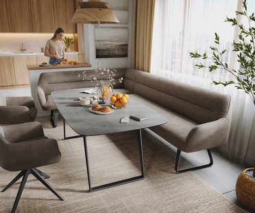 DELIFE Eetkamerbank Taya-Flex 285x190 cm microvelours taupe vintage platte sledebasis zwart pocketvering rechts