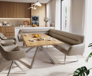 DELIFE Eetkamerbank Taya-Flex 285x190 cm microvelours beige vintage gekant sledeframe roestvrij staal pocketvering rechts