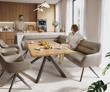 DELIFE Eetkamerbank Taya-Flex 285x190 cm microvelours beige vintage hoekig kruisframe grafiet pocketvering rechts