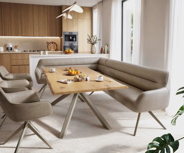 DELIFE Eetkamerbank Taya-Flex 285x190 cm microvelours beige vintage hoekig kruisframe afwerking met titaniumeffect pocketvering rechts