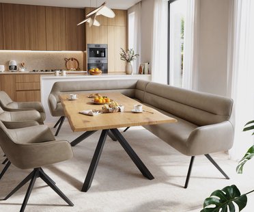 DELIFE Eetkamerbank Taya-Flex 285x190 cm microvelours beige vintage hoekig kruisframe zwart pocketvering rechts