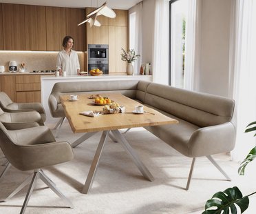 DELIFE Eetkamerbank Taya-Flex 285x190 cm microvelours beige vintage hoekig kruisframe roestvrij staal pocketvering rechts