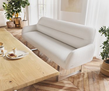 DELIFE Eetkamerbank Taya-Flex 200 cm bouclé crème-wit gekant sledeframe roestvrij staal pocketvering