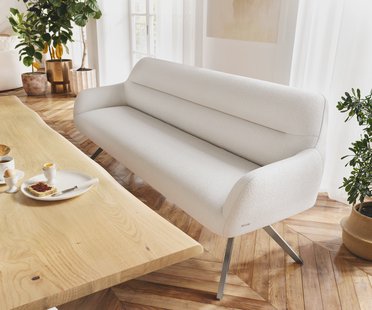 DELIFE Eetkamerbank Taya-Flex 200 cm bouclé crème-wit hoekig kruisframe grafiet pocketvering