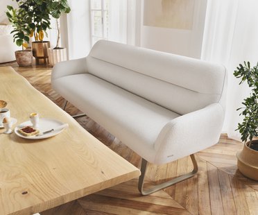 DELIFE Eetkamerbank Taya-Flex 200 cm bouclé crème-wit platte sledebasis afwerking met titaniumeffect pocketvering