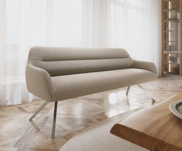 DELIFE Eetkamerbank Taya-Flex 200 cm bouclé mud hoekig kruisframe roestvrij staal pocketvering