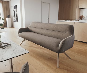 DELIFE Eetkamerbank Taya-Flex 200 cm zachte stof met structuur taupe hoekig kruisframe roestvrij staal pocketvering