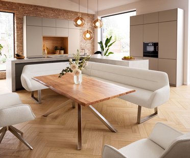 DELIFE Eetkamerbank Taya-Flex 285x190 cm bouclé crème-wit gekant sledeframe roestvrij staal pocketvering rechts