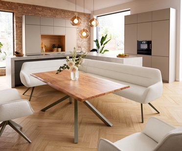 DELIFE Eetkamerbank Taya-Flex 285x190 cm bouclé crème-wit hoekig kruisframe afwerking met titaniumeffect pocketvering rechts