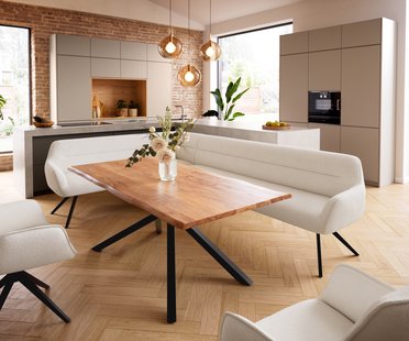 DELIFE Eetkamerbank Taya-Flex 285x190 cm bouclé crème-wit hoekig kruisframe zwart pocketvering rechts