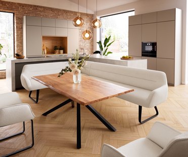 DELIFE Eetkamerbank Taya-Flex 285x190 cm bouclé crème-wit platte sledebasis zwart pocketvering rechts