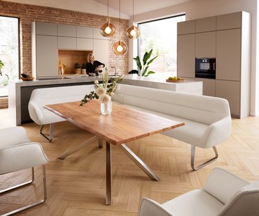 DELIFE Eetkamerbank Taya-Flex 285x190 cm bouclé crème-wit platte sledebasis roestvrij staal pocketvering rechts