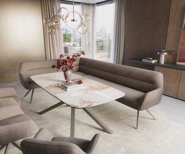 DELIFE Eetkamerbank Taya-Flex 285x190 cm zachte stof met structuur taupe hoekig kruisframe afwerking met titaniumeffect pocketvering rechts