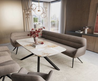 DELIFE Eetkamerbank Taya-Flex 285x190 cm zachte stof met structuur taupe hoekig kruisframe zwart pocketvering rechts