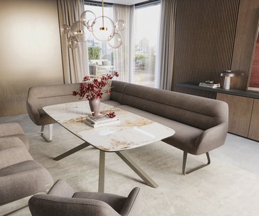 DELIFE Eetkamerbank Taya-Flex 285x190 cm zachte stof met structuur taupe platte sledebasis afwerking met titaniumeffect pocketvering rechts