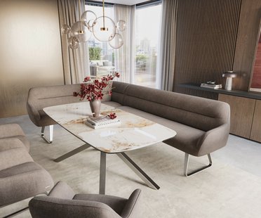 DELIFE Eetkamerbank Taya-Flex 285x190 cm zachte stof met structuur taupe platte sledebasis roestvrij staal pocketvering rechts