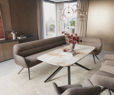 DELIFE Eetkamerbank Taya-Flex 285x190 cm zachte stof met structuur taupe hoekig kruisframe grafiet pocketvering links