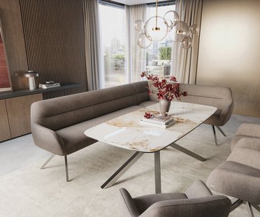 DELIFE Eetkamerbank Taya-Flex 285x190 cm zachte stof met structuur taupe hoekig kruisframe roestvrij staal pocketvering links