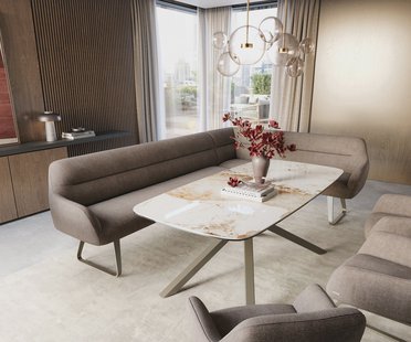 DELIFE Eetkamerbank Taya-Flex 285x190 cm zachte stof met structuur taupe platte sledebasis afwerking met titaniumeffect pocketvering links