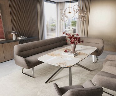 DELIFE Eetkamerbank Taya-Flex 285x190 cm zachte stof met structuur taupe platte sledebasis roestvrij staal pocketvering links