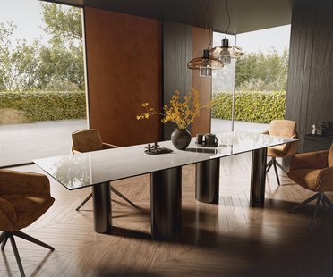 DELIFE Eettafel Edge 300x100 cm keramiek Onyx Champagne Pilier roestvrij staal grafiet
