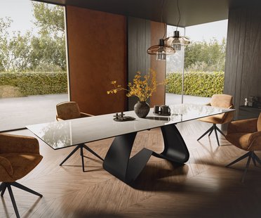 DELIFE Eettafel Edge 300x100 cm keramiek Onyx Champagne W-onderstel metaal zwart