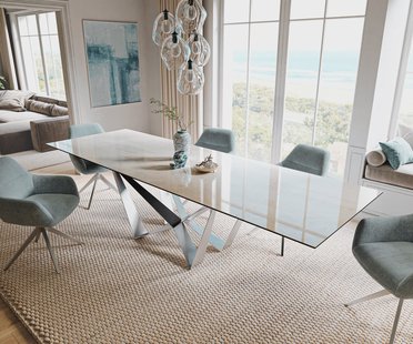DELIFE Eettafel Edge 200-300x100 cm keramiek Onyx Champagne Spider plat staal roestvrij staal uittrekbaar