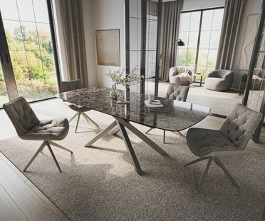 DELIFE Eettafel Edge Boot 180-220x100 cm Keramiek Emperador Extra Lucidato Donkerbruin Kruisonderstel rechthoekig effectafwerking Titanium uitschuifbaar
