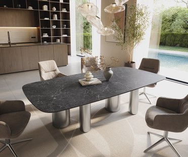 DELIFE Eettafel Edge Boot 240x120 cm Keramiek Laminam® Nero Greco Anthrazit Pilier Roestvrij staal gebürstet