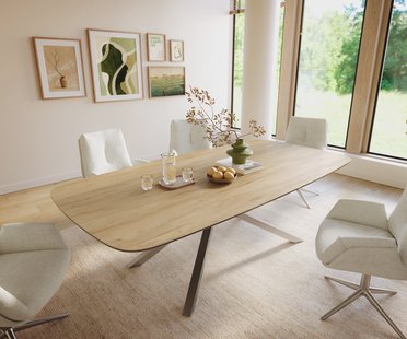 DELIFE Eettafel Edge Boot 240x120 cm Keramiek Laminam® Sabbia Eichefarbig kruisonderstel Rechthoek Roestvrij staal