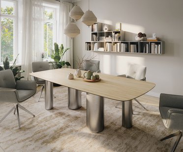 DELIFE Eettafel Edge Boot 260x120 cm Keramiek Laminam® Sabbia Eichefarbig Pilier Roestvrij staal gebürstet