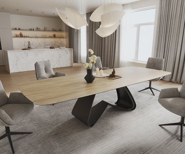 DELIFE Eettafel Edge Boot 240-300x120 cm Keramiek Laminam® Sabbia Eichefarbig W-onderstel Zwart uitschuifbaar