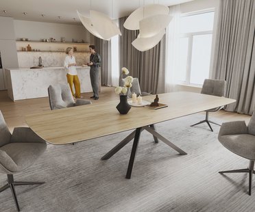 DELIFE Eettafel Edge Boot 240-300x120 cm Keramiek Laminam® Sabbia Eichefarbig kruisonderstel Rechthoek Roestvrij staal Grafiet uitschuifbaar