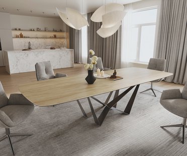 DELIFE Eettafel Edge Boot 240-300x120 cm Keramiek Laminam® Sabbia Eichefarbig Spider Flachstahl Roestvrij staal uitschuifbaar