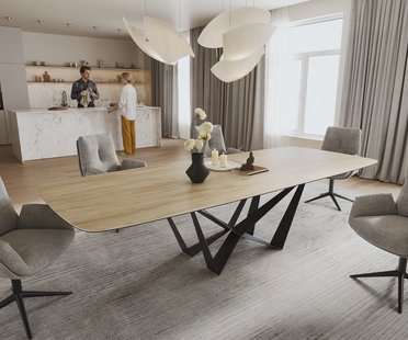 DELIFE Eettafel Edge Boot 240-300x120 cm Keramiek Laminam® Sabbia Eichefarbig Spider Flachstahl Zwart uitschuifbaar