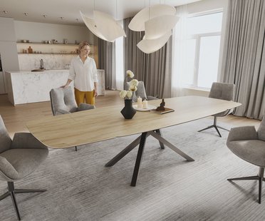 DELIFE Eettafel Edge Boot 200-300x120 cm Keramiek Laminam® Sabbia Eichefarbig kruisonderstel Rechthoek Roestvrij staal Grafiet uitschuifbaar