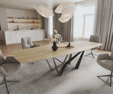DELIFE Eettafel Edge Boot 200-300x120 cm Keramiek Laminam® Sabbia Eichefarbig Spider Flachstahl Roestvrij staal Grafiet uitschuifbaar