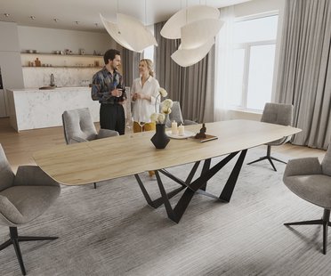 DELIFE Eettafel Edge Boot 200-300x120 cm Keramiek Laminam® Sabbia Eichefarbig Spider Flachstahl Zwart uitschuifbaar
