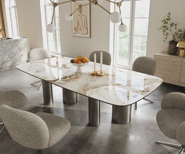 DELIFE Eettafel Edge Boot 240x120 cm Keramiek Minas Melange Wit-Beige Pilier Roestvrij staal Grafiet