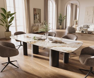 DELIFE Eettafel Edge Boot 260x120 cm Keramiek Minas Melange Wit-Beige Pilier Metaal Zwart