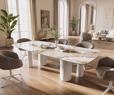 DELIFE Eettafel Edge Boot 260x120 cm Keramiek Minas Melange Wit-Beige Pilier Metaal Wit