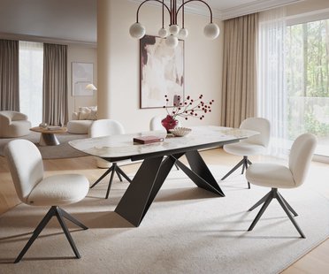 DELIFE Eettafel Edge Boot 180-220x100 cm Keramiek Minas Melange Wit-Beige V-onderstel Flachstahl Zwart uitschuifbaar
