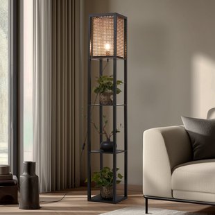 Birta vloerlamp, zwart/naturel, plank, rotan Lindby - Woonkamer - Modern - Hout - Hoekig