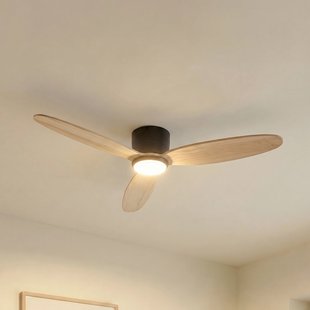 Lignia LED plafondventilator, zwart/hout, CCT, dimbaar, Ø 132 cm, DC Lucande - Woonkamer - Scandinavisch