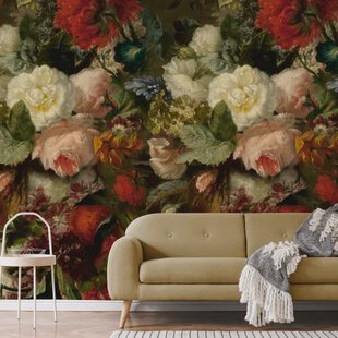 Fotobehang Klassieke Bloemen - Rood - Groen - Roze - 2,80m X 159cm