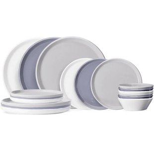 Cookinglife Serviesset Siaki - Wit / Blauw / Grijs - Porselein 18-delig / 6 personen - 6 dinerborden, 6 ontbijtborden en 6 kommen